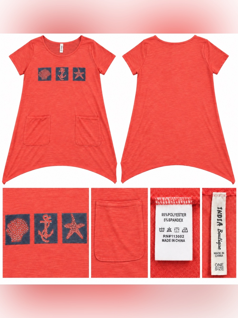 India Boutique Coral Nautical Sharkbite Tunic Rhinestone One Size